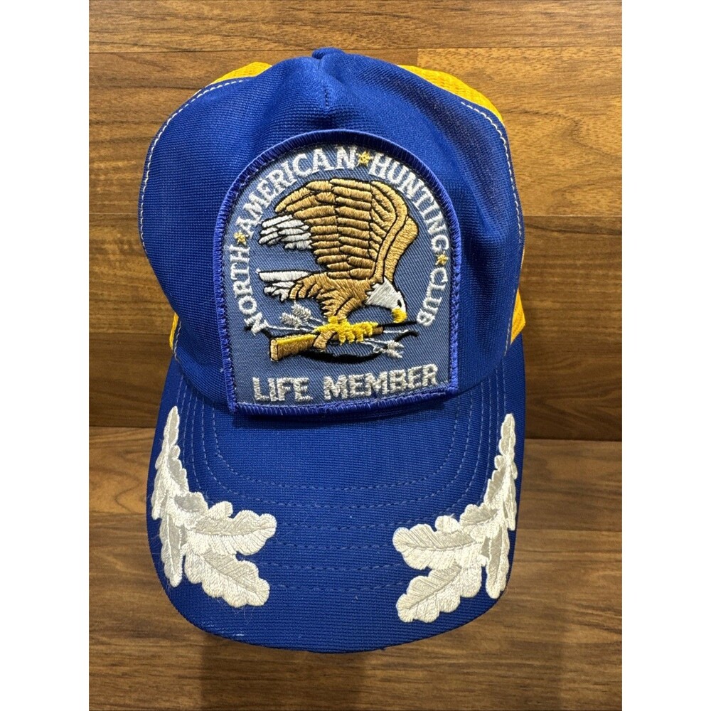 Vintage USA Blue Trucker Hat North American Hunting Club Life Member Patch